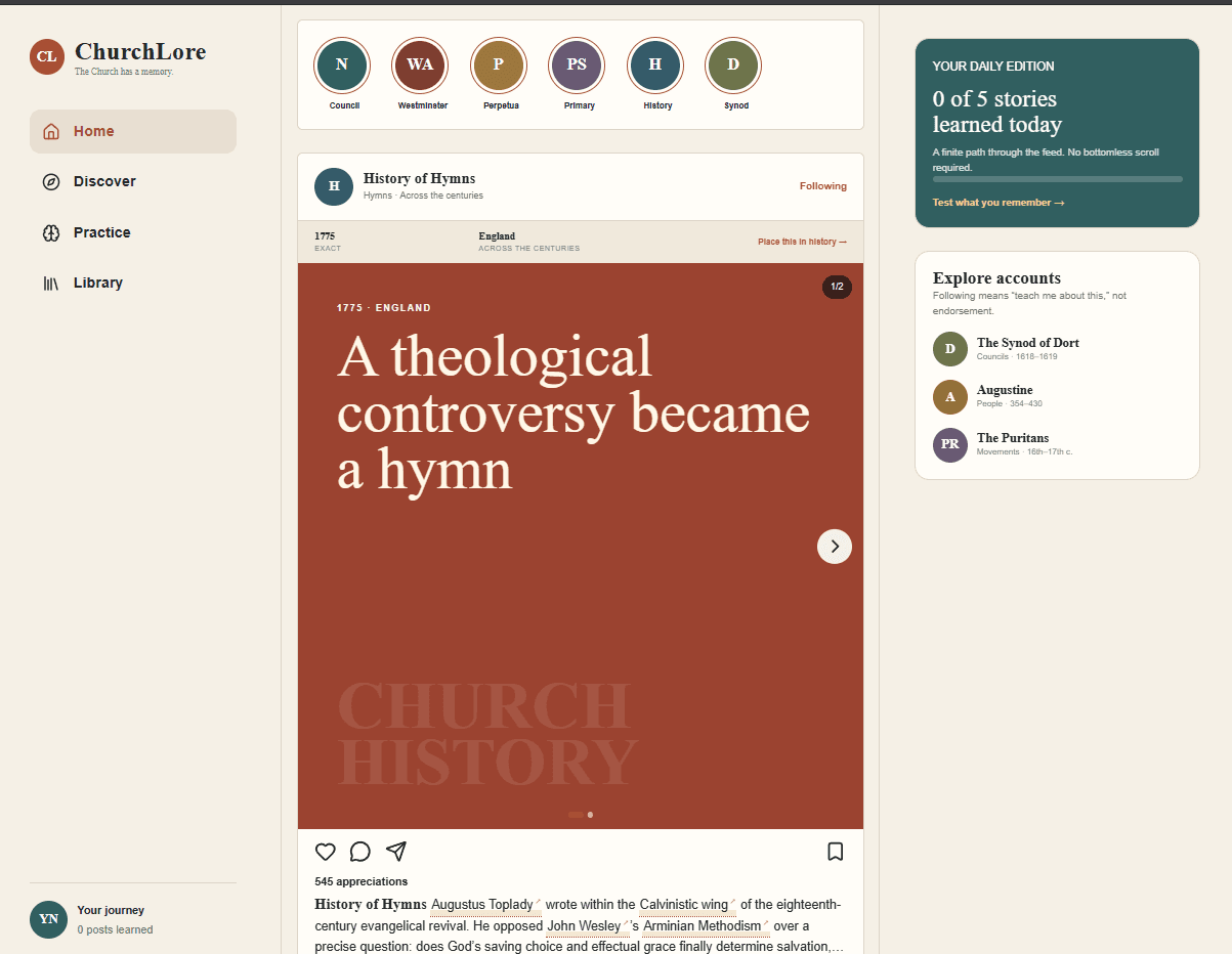 The ChurchLore desktop feed showing a History of Hymns story, navigation, daily learning progress, and accounts to explore